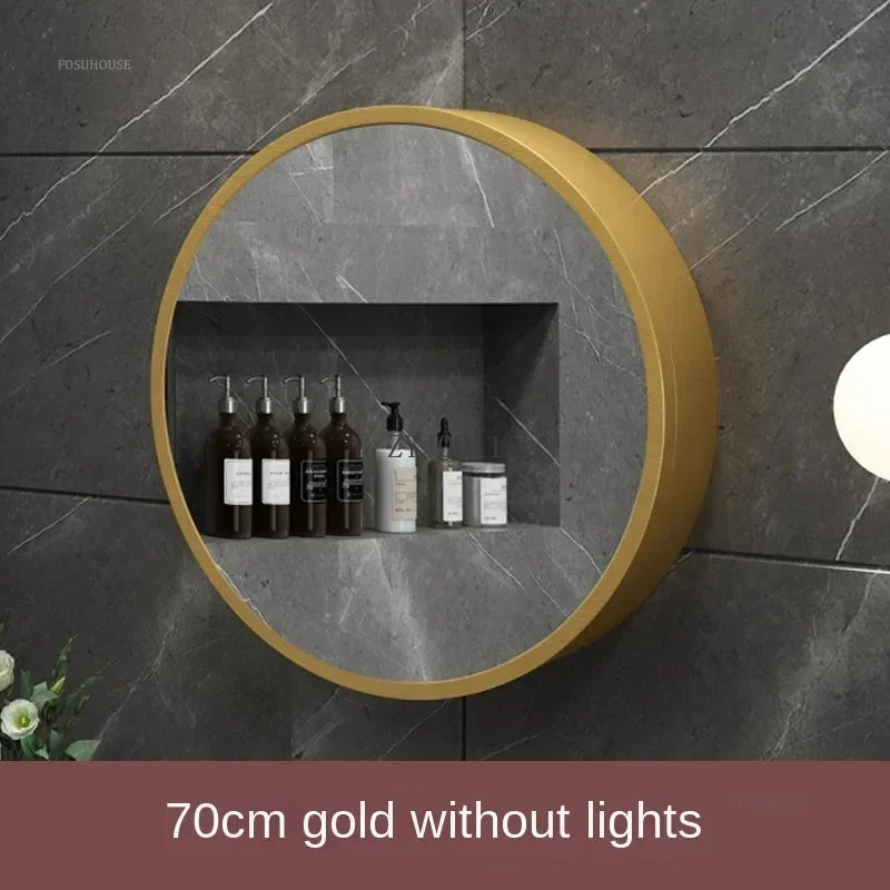 Nordic LED Smart Bathroom Mirror Cabinets Solid Wood Oval Bathroom Wall Hanging Round Vanity Mirrors with Storage Shelf b
