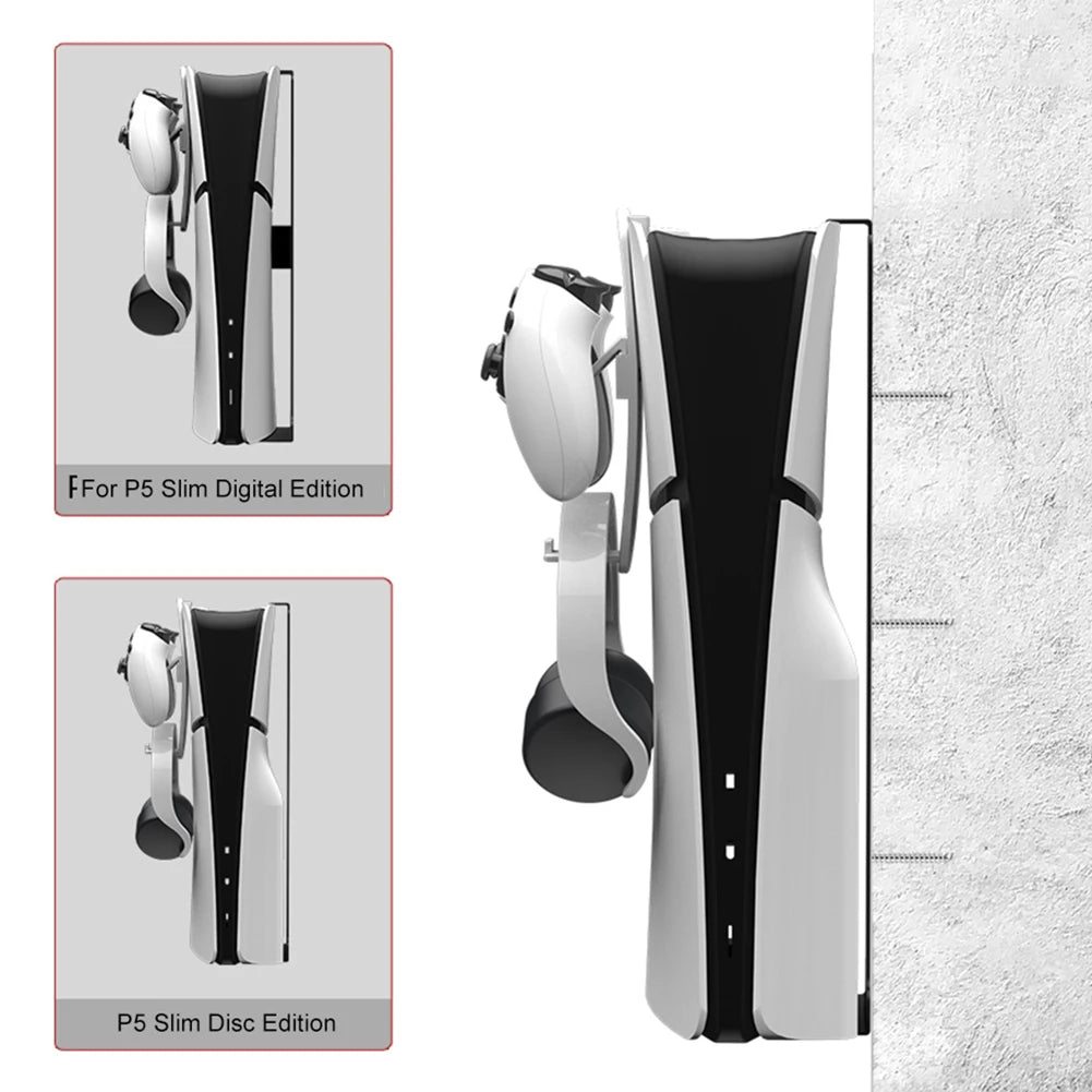 Space Saving Wall Mount Kit for PS5 Slim Console with Controller and Headset Hook for Organized Storage