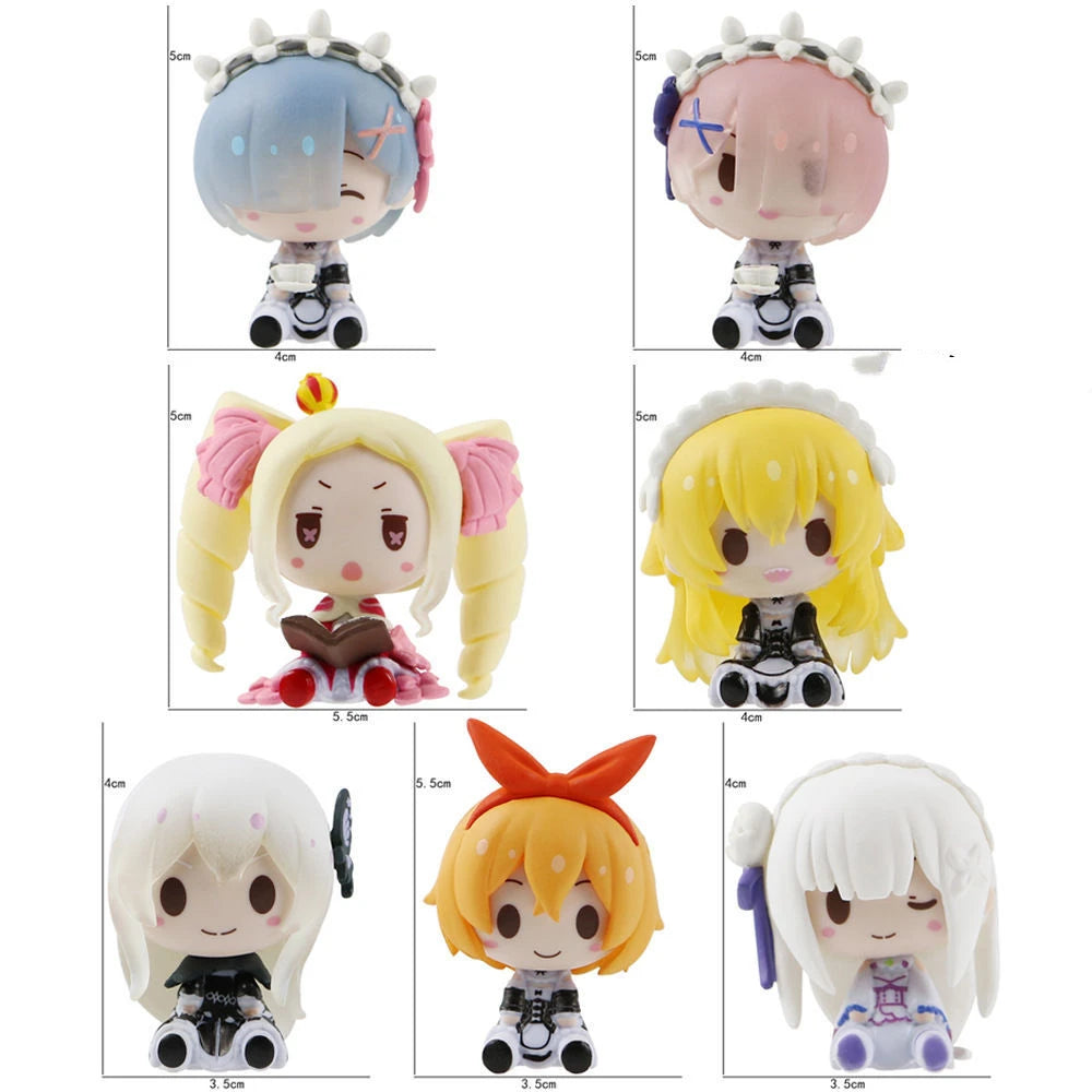 7pcs/set Anime Ram Rem q-version kawaii Sitting posture Action Figure PVC Model Statue Toys Doll Desk Decor Collectible Gifts