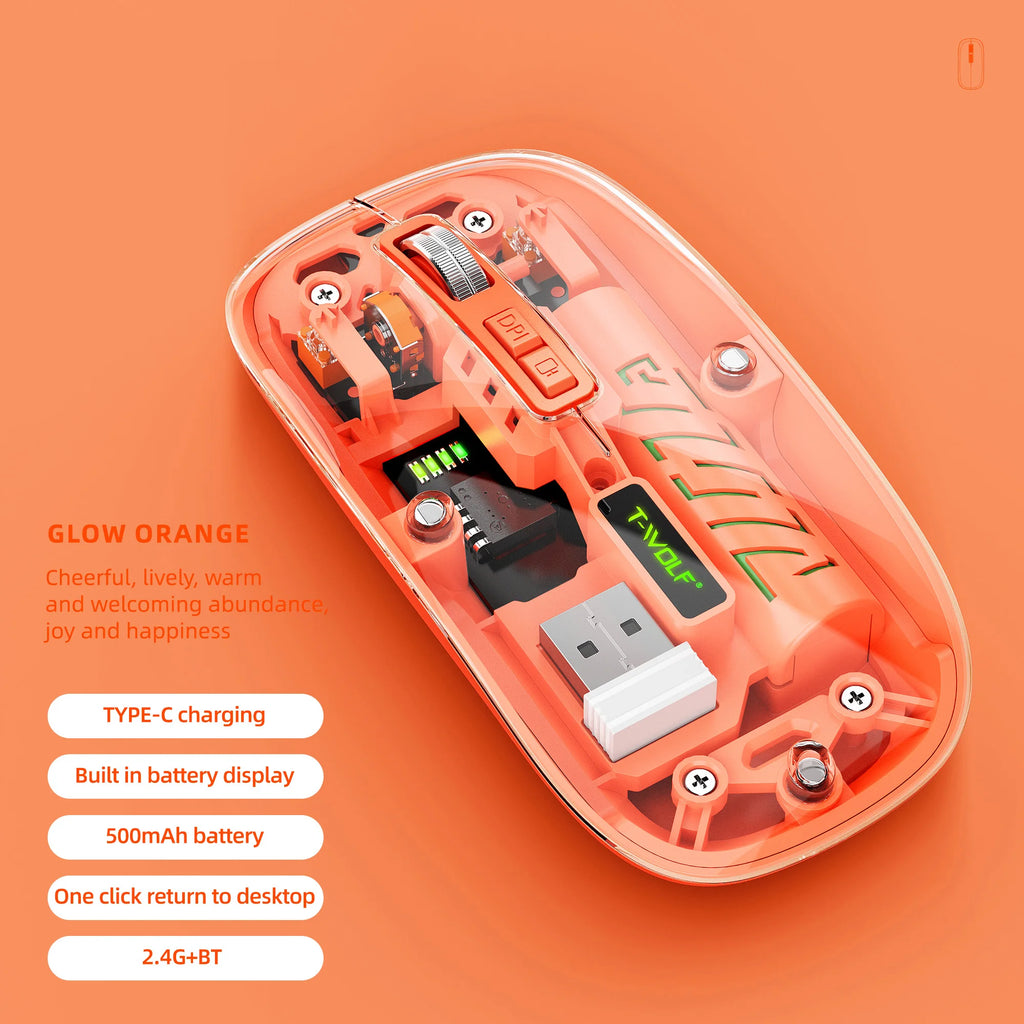 Transparent Wireless Mouse Dual Mode Bluetooth-compatible Rechargeable Mouse Noiseless Cordless Computer Mice Perspective Design