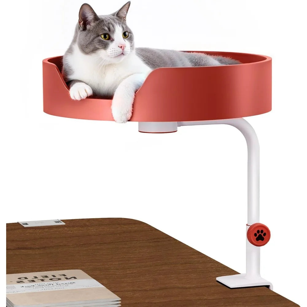 Cat Desk Bed Large Perch Nest with Teaser Easy Install,Space Saving Mount Design,Sturdy Frame,Removable Cushion,Clamp Desktop At