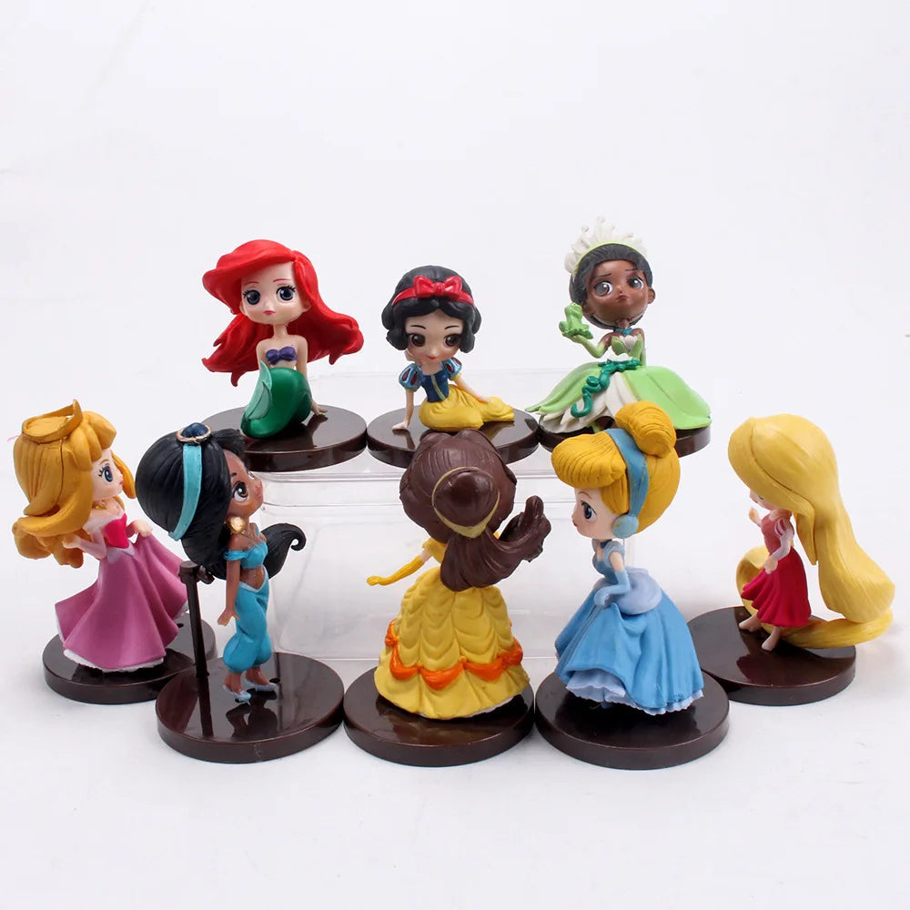 8pcs/set Disney Q Version Princess Cartoon Figures Doll Toys Snow White Rapunzel Ariel Cinderella Belle Mermaid Model Decoration