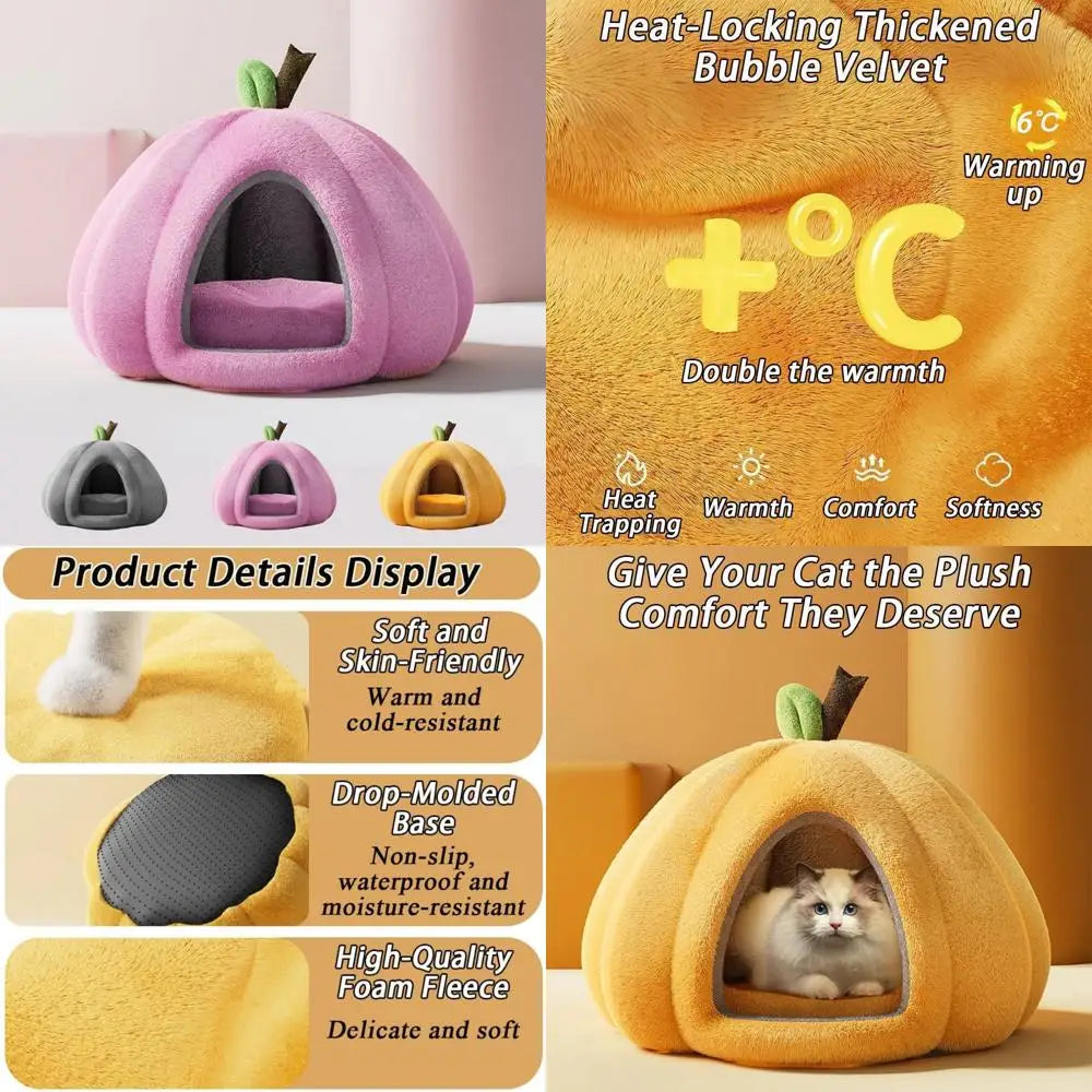 cozy pumpkin-shaped pet bed with removable mat, ideal for cats and small dogs, complete with warm nest for comfortable sleeping