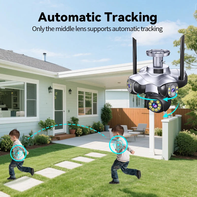 AIOOK Outdoor-Überwachungskamera, HD 25 MP, WLAN-IP-Kamera, 5 Objektive, 5 Bildschirme, 5 PTZ-Bewegungsverfolgung, 2-Wege-Gegensprechanlage, Farbnachtsicht