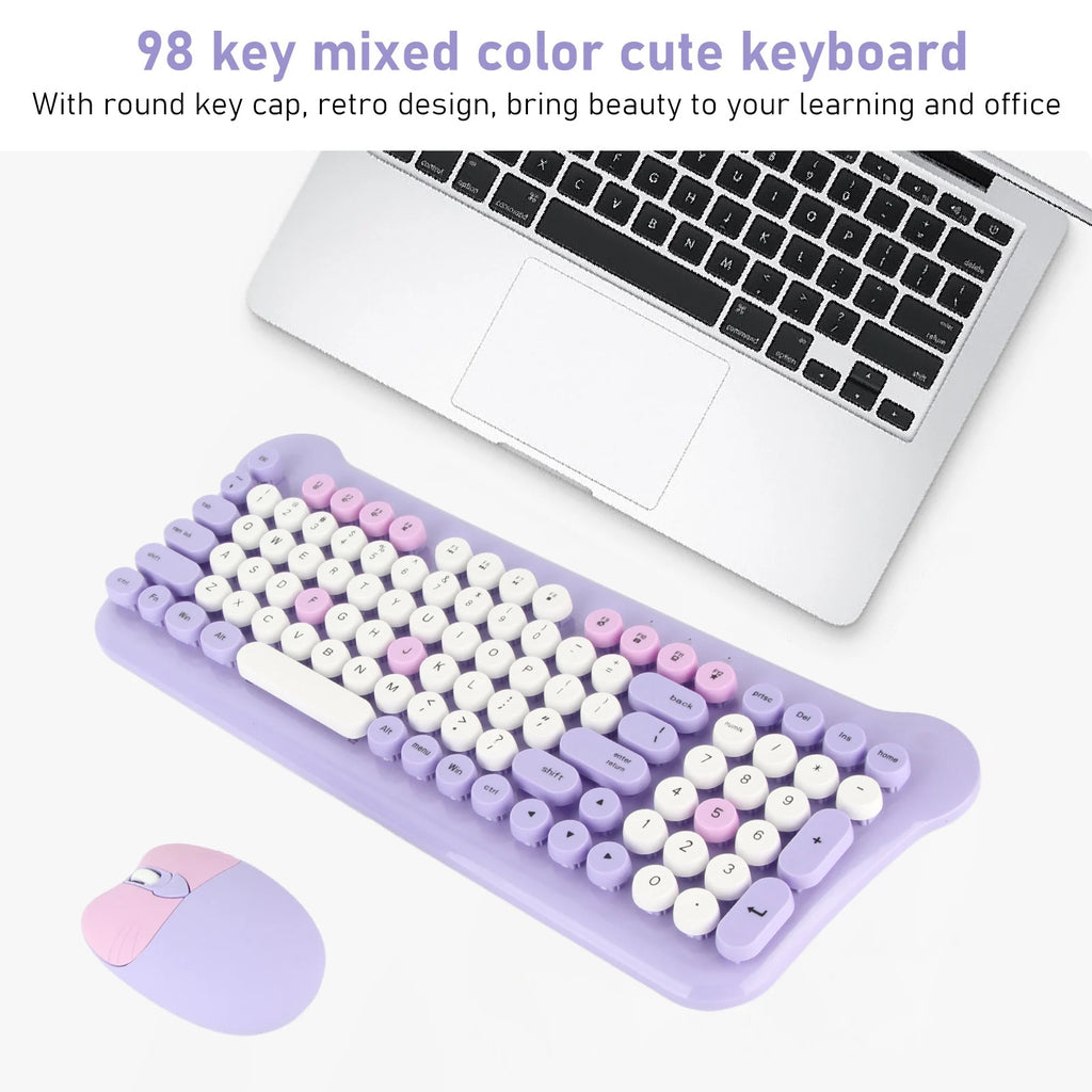 Colorful Keyboard and Mouse Plug and Play Wireless Keyboard and Mouse Set Responsive with Round Keycaps for Laptops PC Desktops