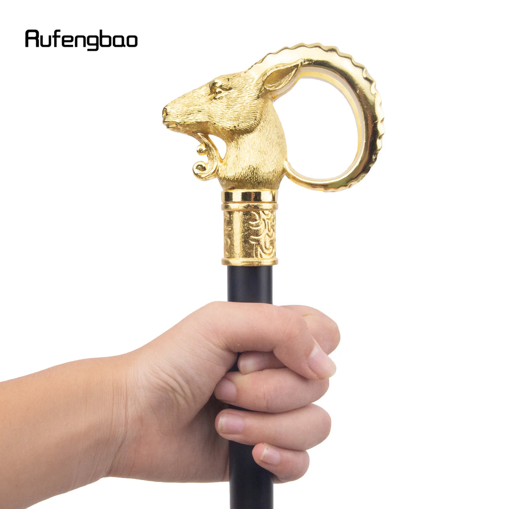 Golden Goat Sheep Animal Single Joint Walking Stick with Hidden Plate Self Defense Fashion Cane Cosplay Crosier Stick 91cm
