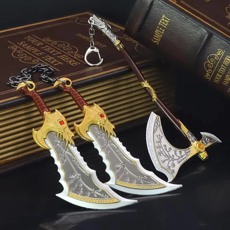 Mini Kratos Sword Key Chain Pendant For Men God of War 9cm Blades of Chaos Tiny Weapon Key Ring with Stand Accessories Keychain