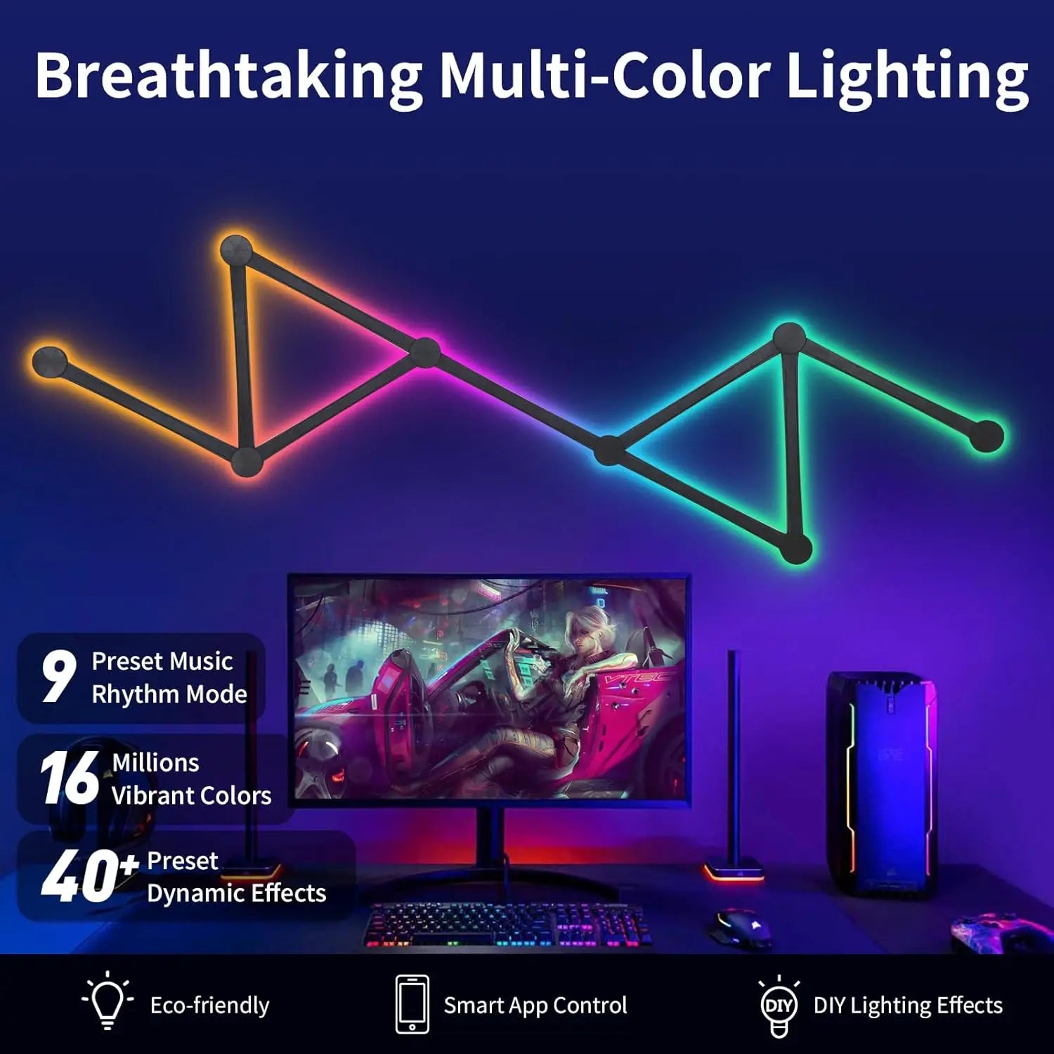 Smart RGB LED Wall Light Lines, Dimmable DIY Wall Gaming Light Music Sync for Gaming Room, Living Room (9 Pcs Black or White)