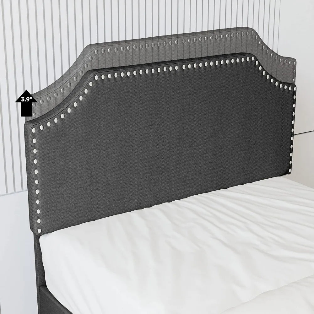 LIKIMIO Upholstered Platform Twin Bed Frame with Nailhead Trim Headboard, Height Adjustable, No Box Spring Needed, Noise-Free, G