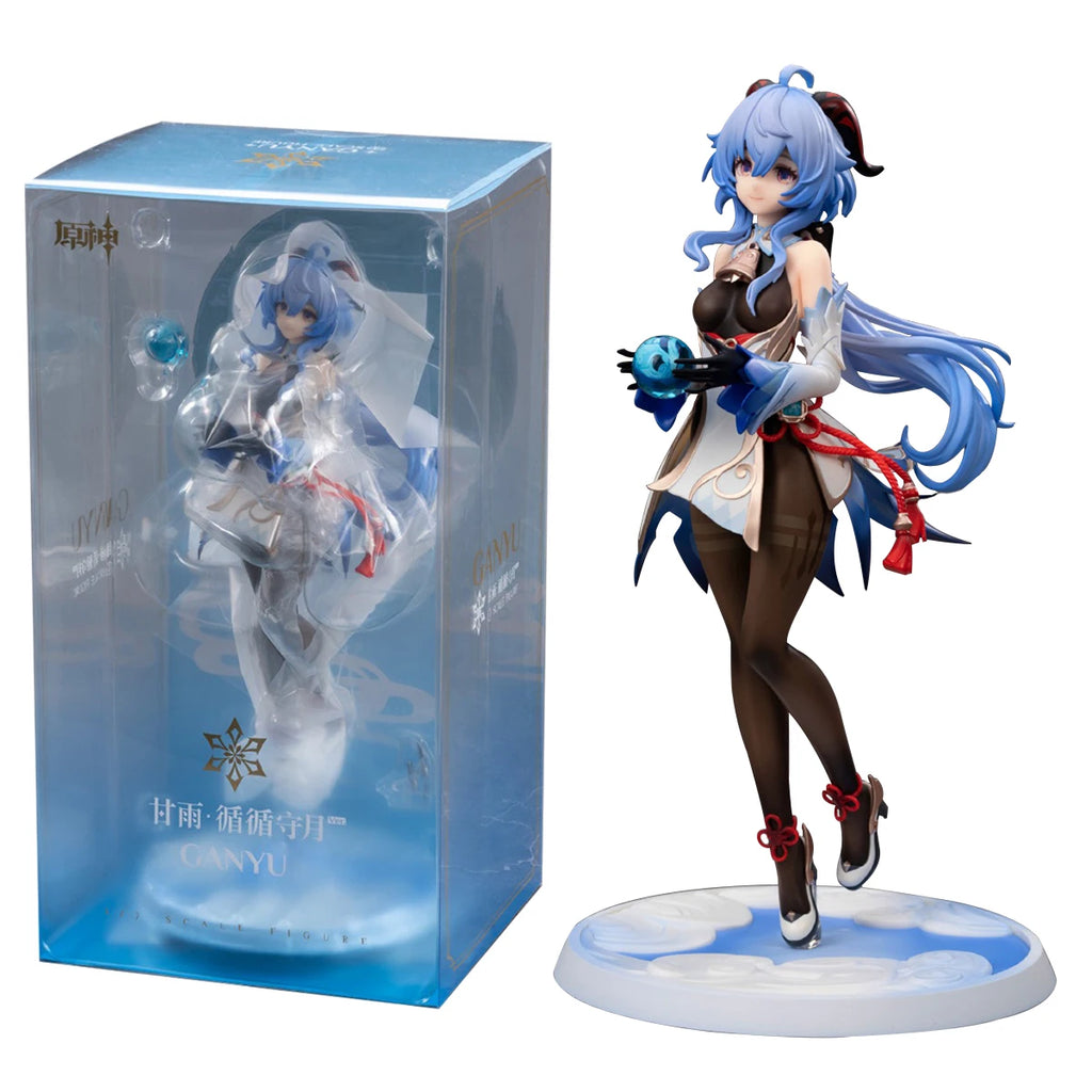 23CM Anime Ganyu Games Genshin Impact Action Figure Watch The Moon Shouyue Black Silk Standing Paimon Model Toys Collection Doll