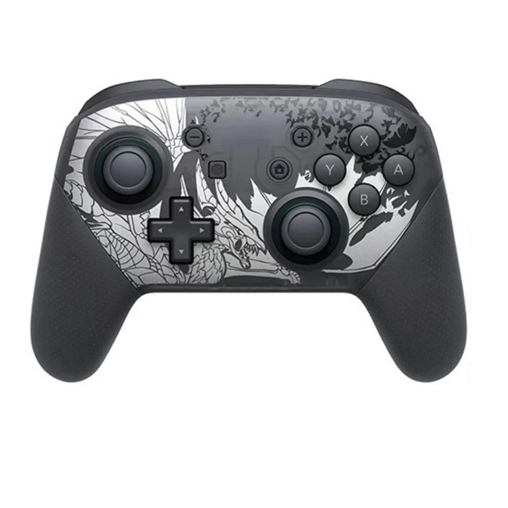 Black gaming controller with spider web design on a white background, featuring text about LED light and NFC function.