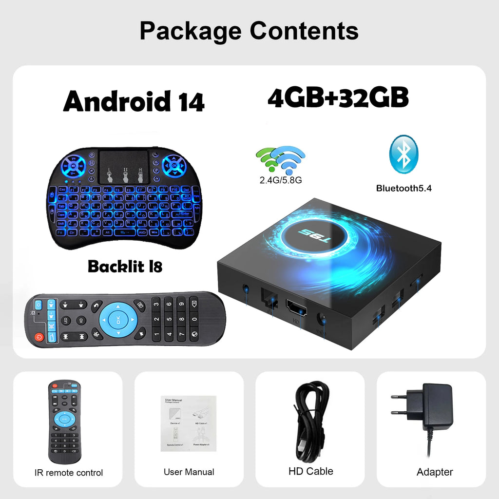 Smart TV Box Android 14 T95 6K Allwinnerh616 Media Player Dual WiFi Bluetooth 5.4 with Remote Support Google Voice Set Top Box