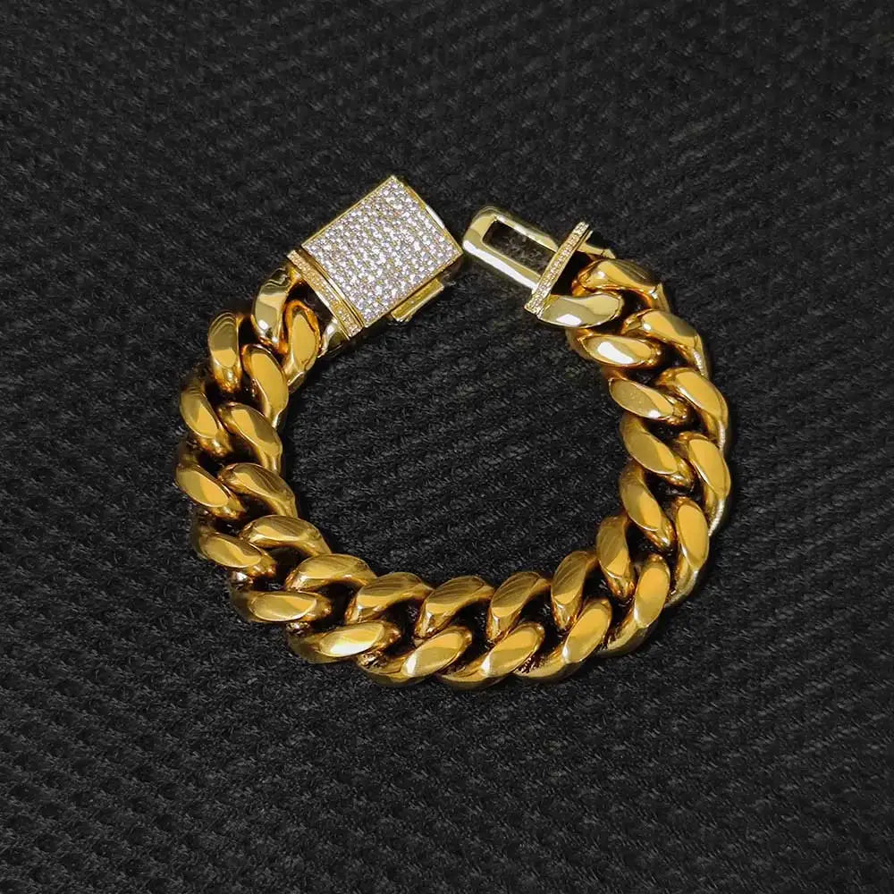 18MM Stainless Steel Cuban Chain With Bling Copper Cubic Zirconia Clasp  18k Gold Plated Hip Hop Cuban Bracelet Jewelry For Men