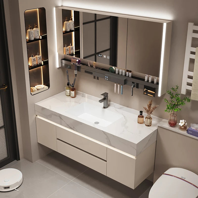 Einfache Luxus-Badezimmer-Waschtische Waschbecken Licht Eitelkeit Weiße Badezimmer-Waschtische Vintage-Spiegel Mobiletto Bagno Wohnmöbel