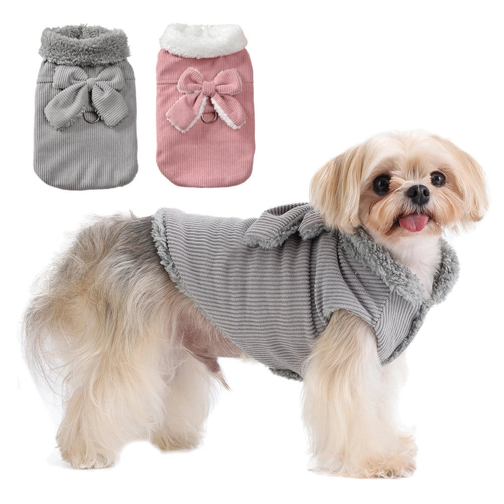 Fleece Dog Coat Winter Warm Pet Clothes For Small Medium Dogs Vest Jacket With Bow D-ring Puppy Costume Sweater Yorkie Apparel