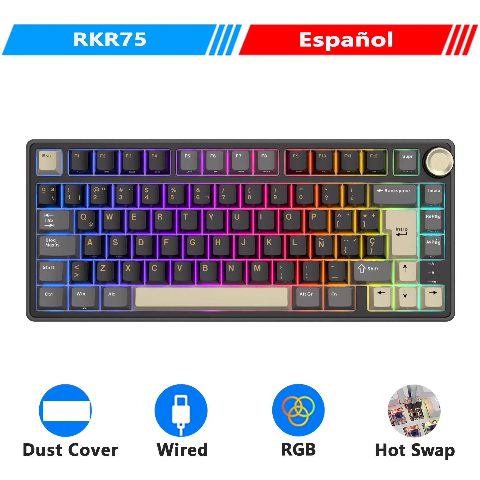RK Royal Kludge R75 Gasket Kabelgebundene mechanische Tastatur mit 80 Tasten, RGB-Hintergrundbeleuchtung, Hot-Swap-fähige spanische Gamer-Tastatur, MDA-PBT-Tastenkappen