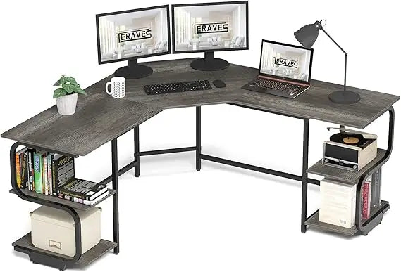 Modern L Shaped Desk with Shelves,64.84" Gaming Computer Desk for Home Office,Corner Desk with Desktop (Black Oak+Black Frame,