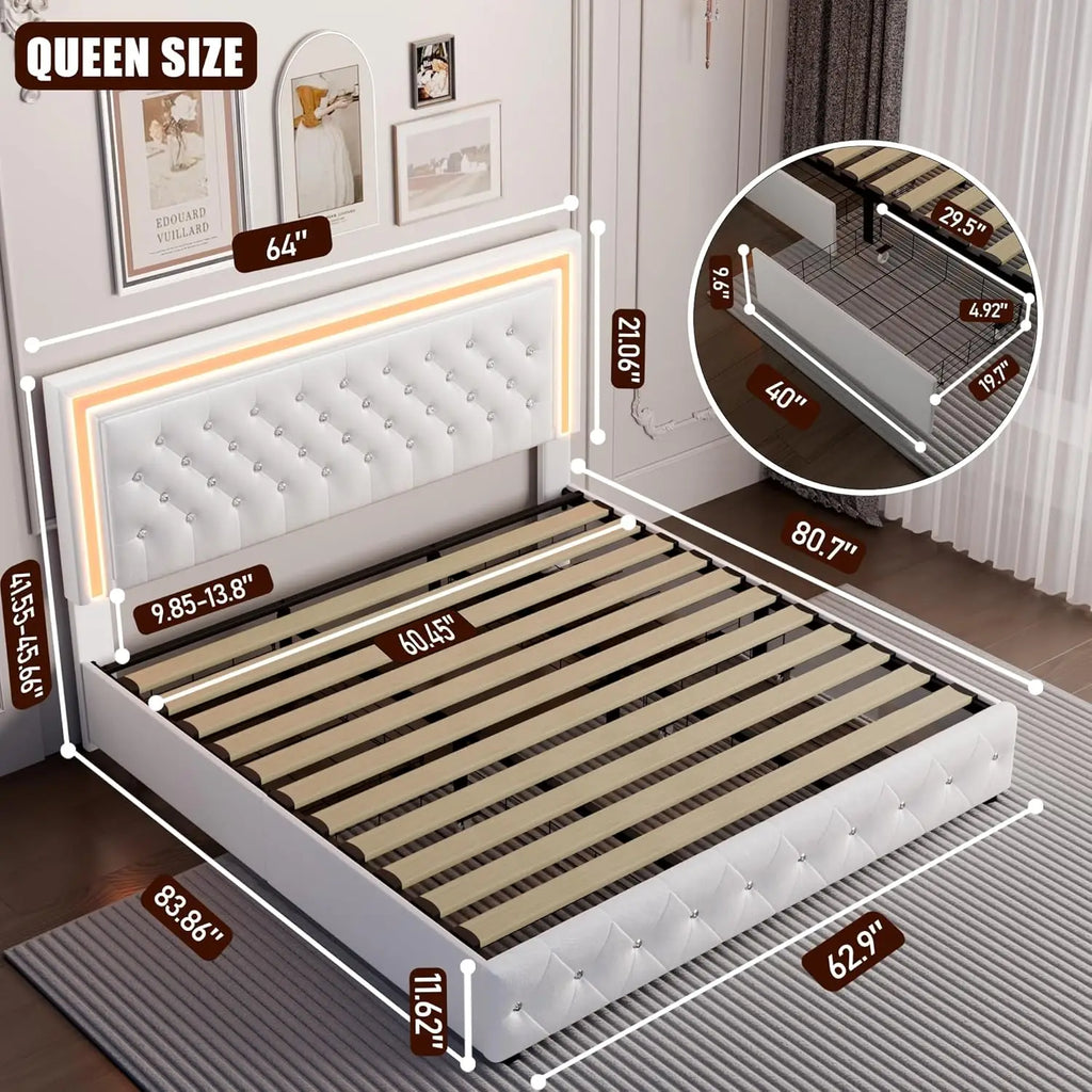 GEGOFORU Queen LED Platform Bed Frame with 4 Storage, PU Leather, No Box Spring, Easy Assembly, 900lbs Capacity