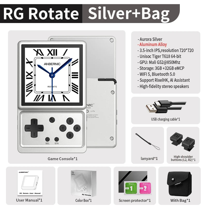 Anbernic RG Rotate Handheld Game Console 3.5" IPS Rotating Screen Android Aluminum Alloy 2000 mAh Retro Portable Games Player AI