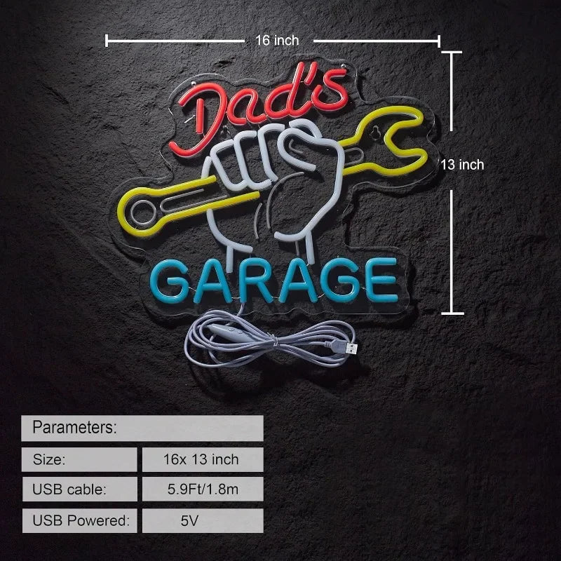 Dad's Garage Neon Sign for Wall Décor LED Light Car Signs for Auto Repair Shop Man Cave Workshop Decor LIghts for Fathers Gift