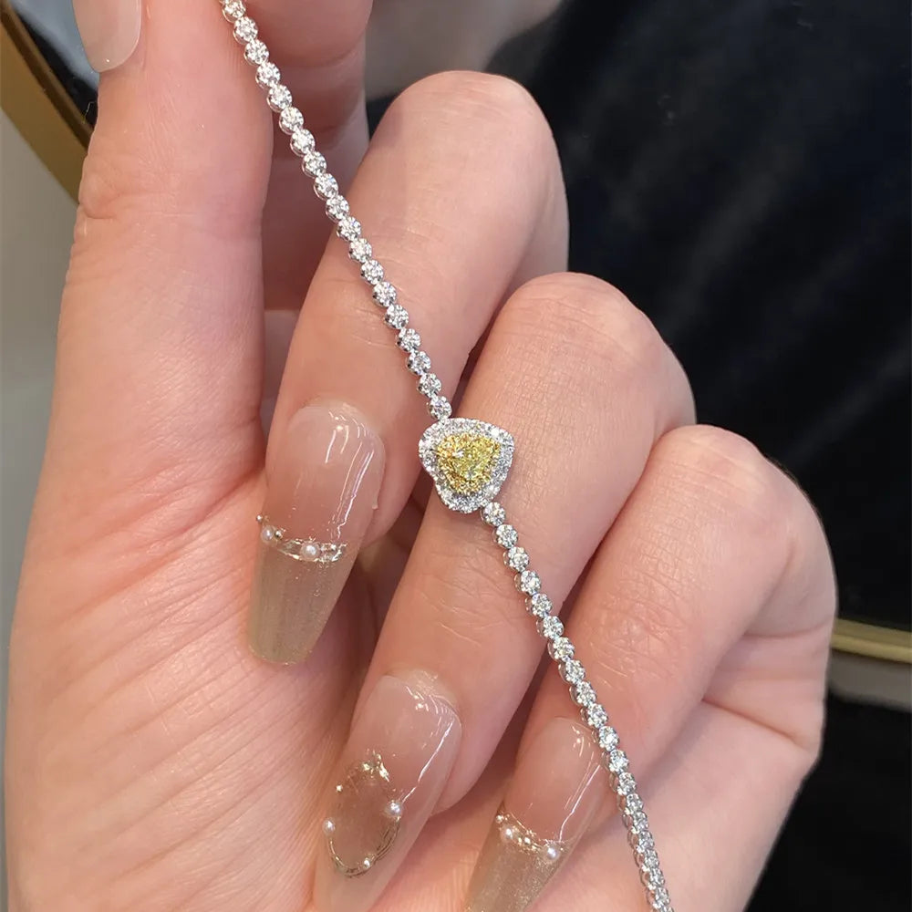 Shelly Echt 18 Karat Weißgold Au750 Schmuck Liebesherz-Design Natürliche gelbe Diamanten Tennis-Charm-Armbänder für Frauen Geschenk