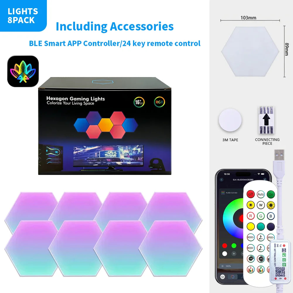 Exagon Smart RGB Hexagon Wall Light USB Powered Color Changing DIY Mode Music Sync APP Control Modular DIM LED ON for Game Room