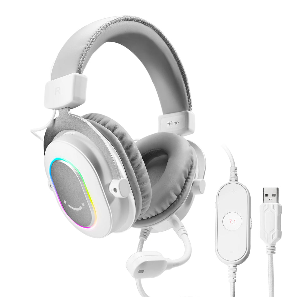 Fifine Dynamic RGB Gaming Headset with Mic Over-Ear Headphones 7.1 Surround Sound PC PS4 PS5 3 EQ Options Game Movie Music - H6