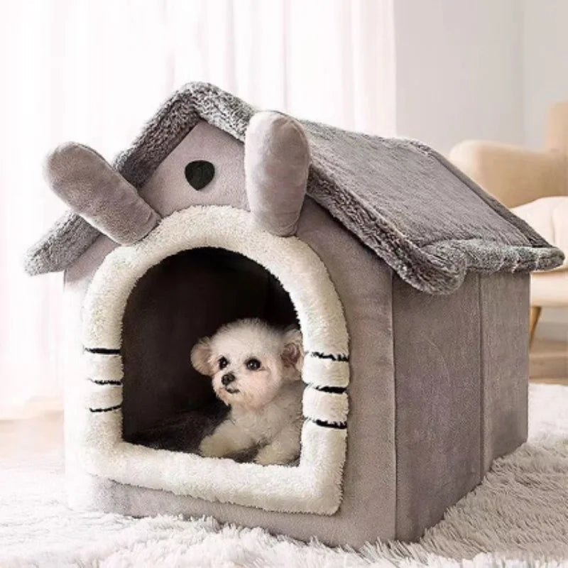 Cat Bed Dog House Gray Soft Plush Detachable Semi Enclosed Foldable Warm Cat Villa Pet Nest Four Season Universal Pet Supplies