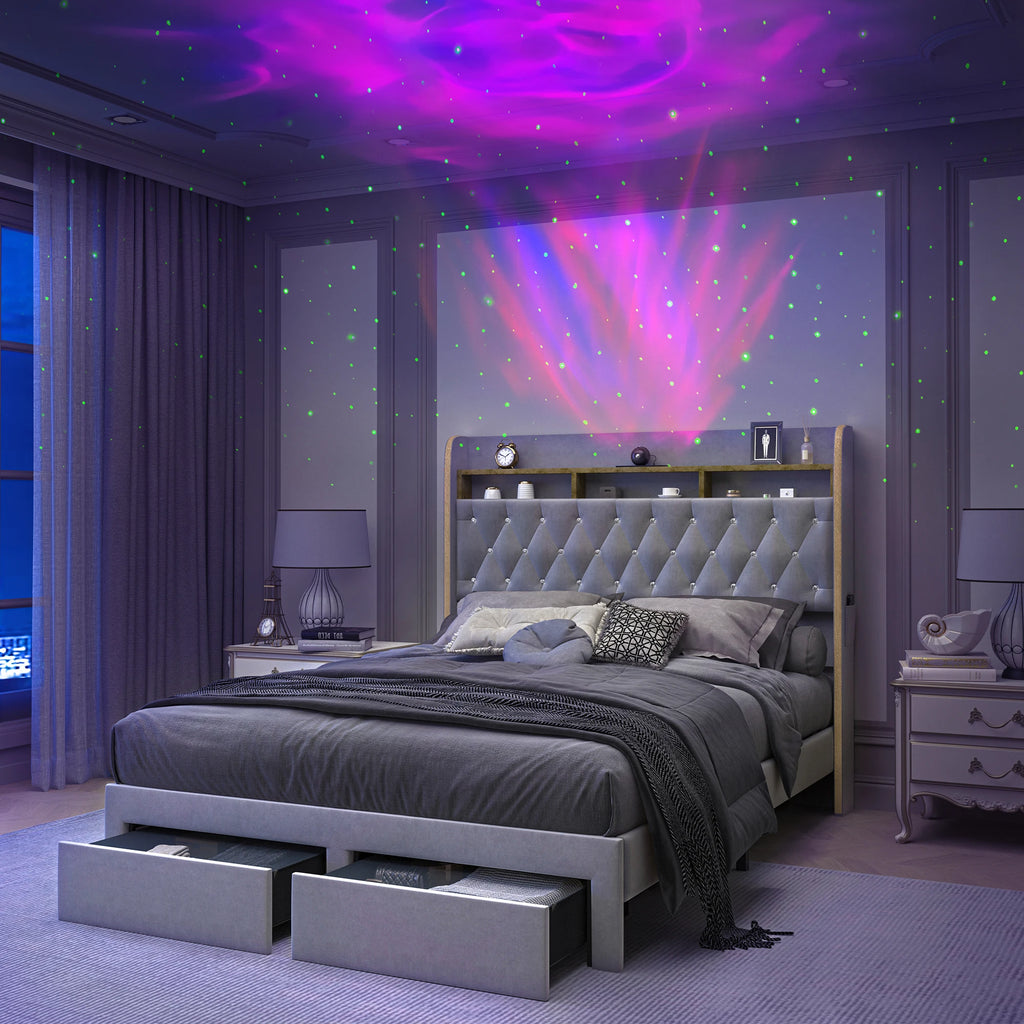 Queen-Bettrahmen mit LED-Beleuchtung, Stauraum, Sternenprojektor, Ladestation, 2-stufigem Kopfteil, PU-Lederbett
