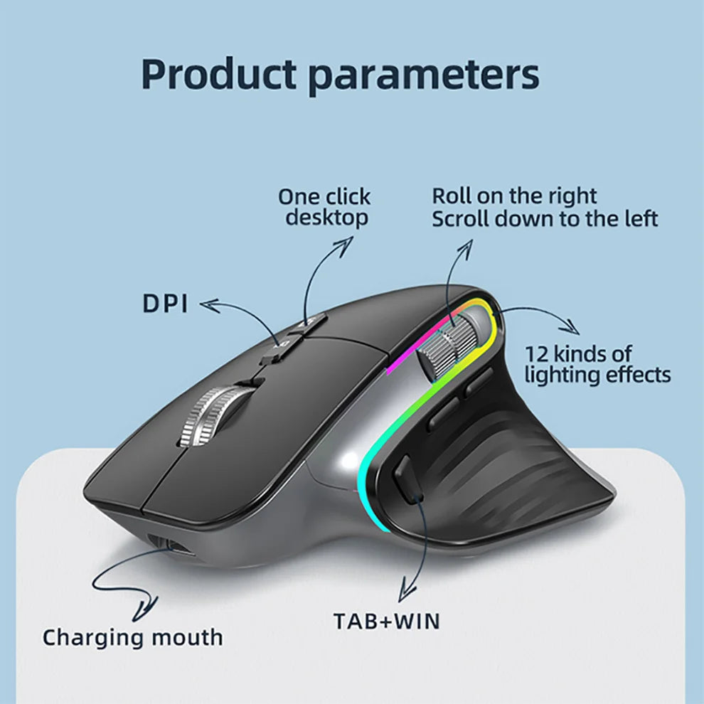 2.4G Wireless + Bluetooth RGB Rechargeable Ergonomic Mouse - Gaming & Office Computer Mouse