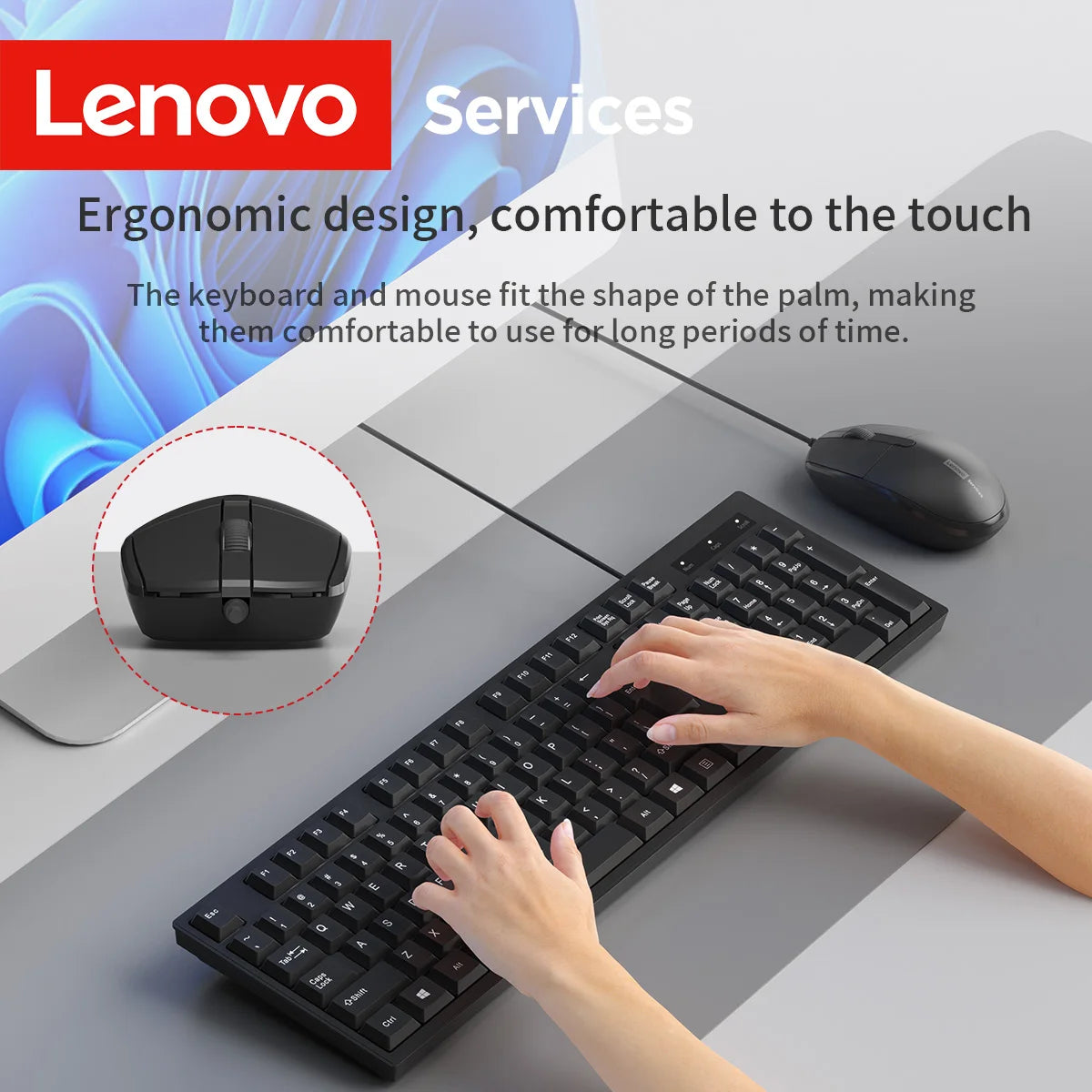 Lenovo Kabelgebundenes Tastatur- und Maus-Set, klassisches schwarzes Büro-Set, Business, Büro, Zuhause, Tastatur und Maus, 104 Tasten-Layout, Desktop, Laptop, universell