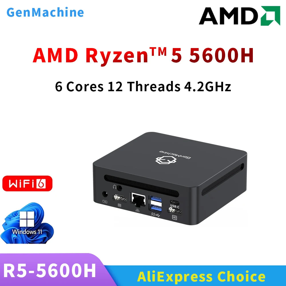 GenMachine AMD 5600H Mini PC Mini Pc Windows 11 Ryzen 3.3GHz Up to 4.2GHz DDR4 3200Mhz RAM Gaming Pc WIFI6 Diy Gaming Computer