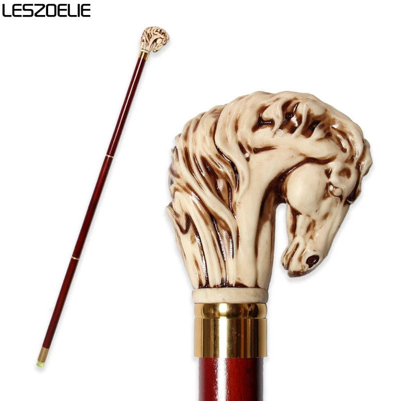 Horse-Head Stick Series Man Alloy And Resin Horse Head With Iron And Red Wooden Walking Cane For Woman Fashionable Canes
