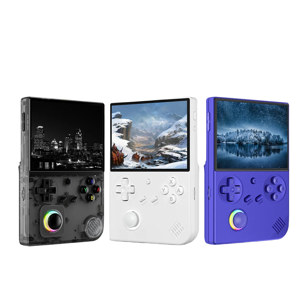 Three high-performance handheld gaming consoles with Ampown branding and promotional text.