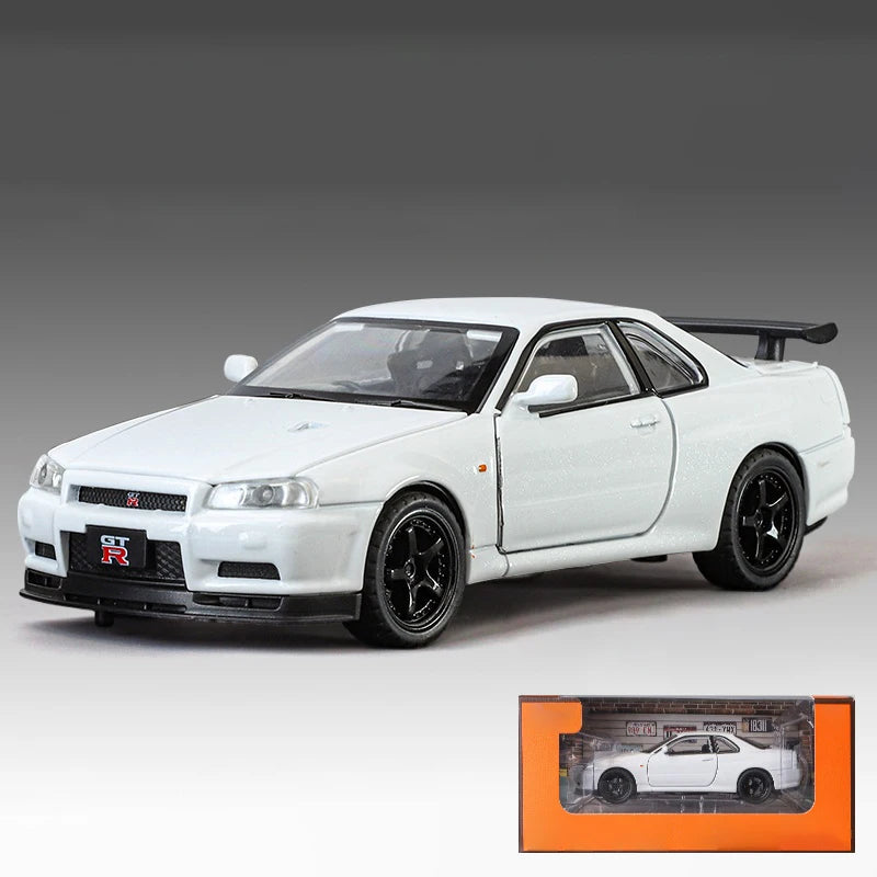 1:32 GTR R34 Skyline Street Car Version Supercar Die Casting Alloy Model Metal Car Sound Light Pull Back Mini GT Valentine's Day