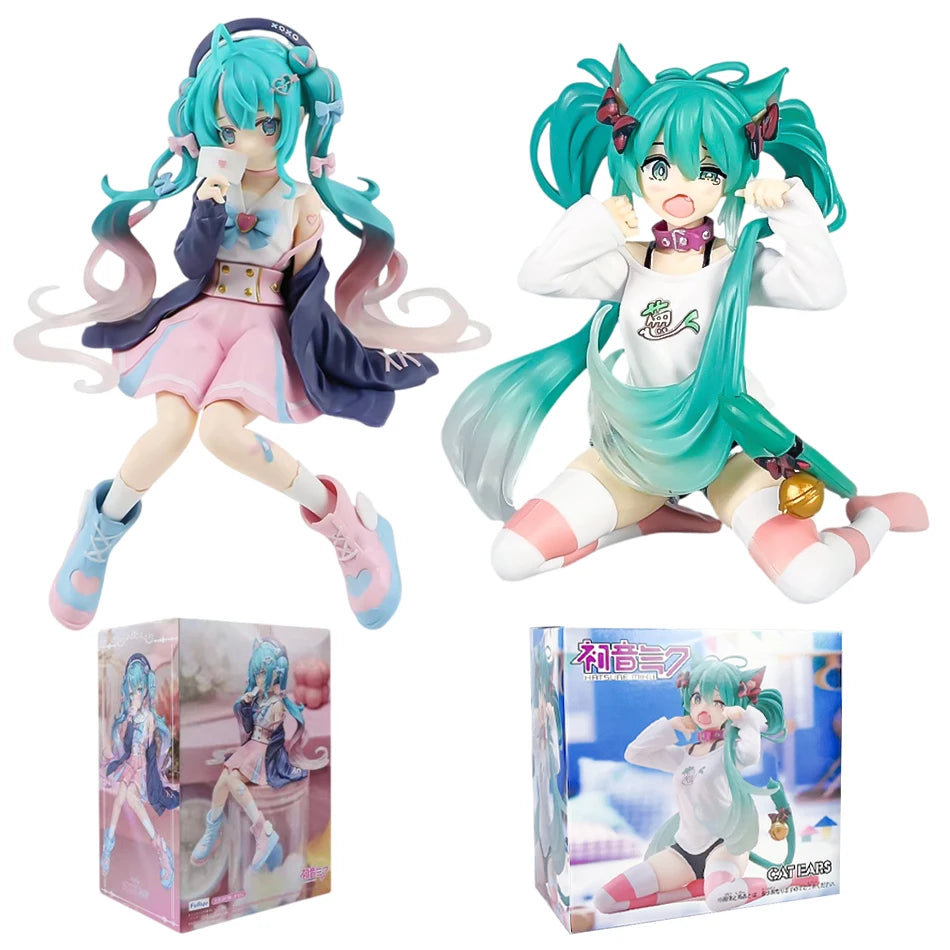 11/14cm 2pcs Anime Figurine Sitting Posture Cat Ear Hatsune Miku Action Model Pvc Toy Collection Desktop Accessories Gift