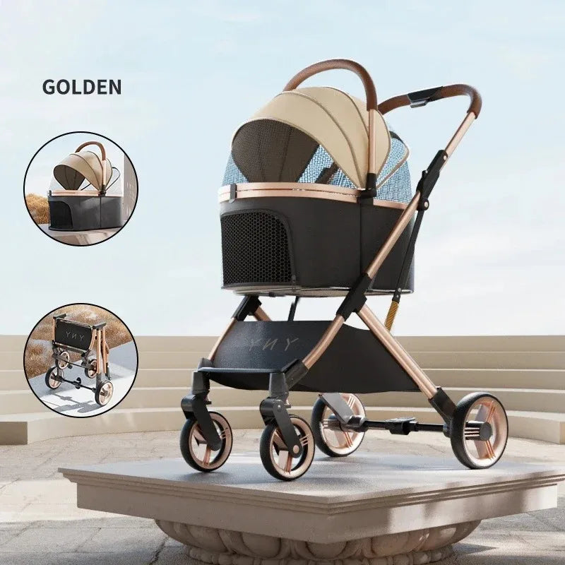 Abnehmbarer Haustier-Kinderwagen, ultraleicht, tragbar, für den Außenbereich, für Katzen und Hunde, Rahmen aus Aluminiumlegierung, Stoßdämpfer mit vier Rädern