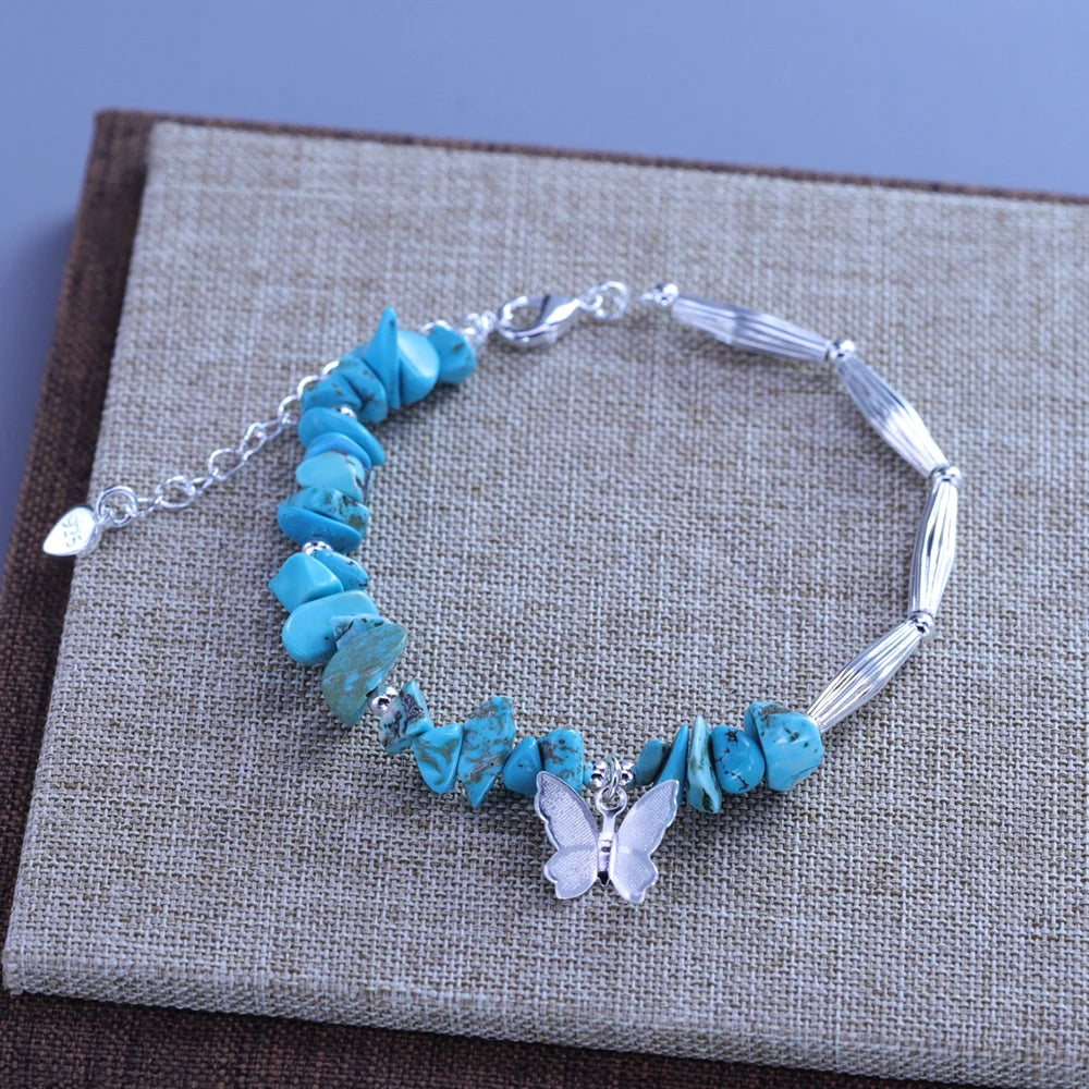 VENTFILLE 925 Sterling Silver Natural Turquoise Square Bead Bracelet For Women Gift Crushed Silver Jewelry Dropshipping