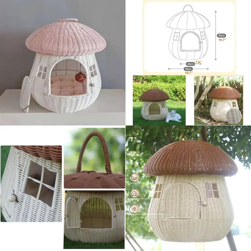 Rattannest für Katzen und Hunde mit doppeltem Verwendungszweck – süßes pilzförmiges Haus mit erhöhtem Bett in Pink