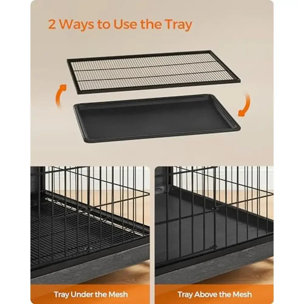 Heavy-Duty Dog Crate Furniture Kennel Double-Door Cage Tray Indoor Use 105lb Stainless Steel Particleboard Modern Home Decor