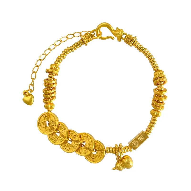 24 Karat AU999 Goldarmband im chinesischen Stil für Damen – Fünf-Kaiser-Münzen, Kürbis-Spiralmuster, klassisch und modisch