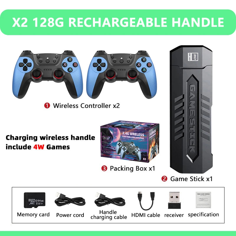 X2 Blue Video Game Stick 4K Video Game Stick Console 2.4G Double Charging Wireless Controller HD 40000 Games 128G Retro Games