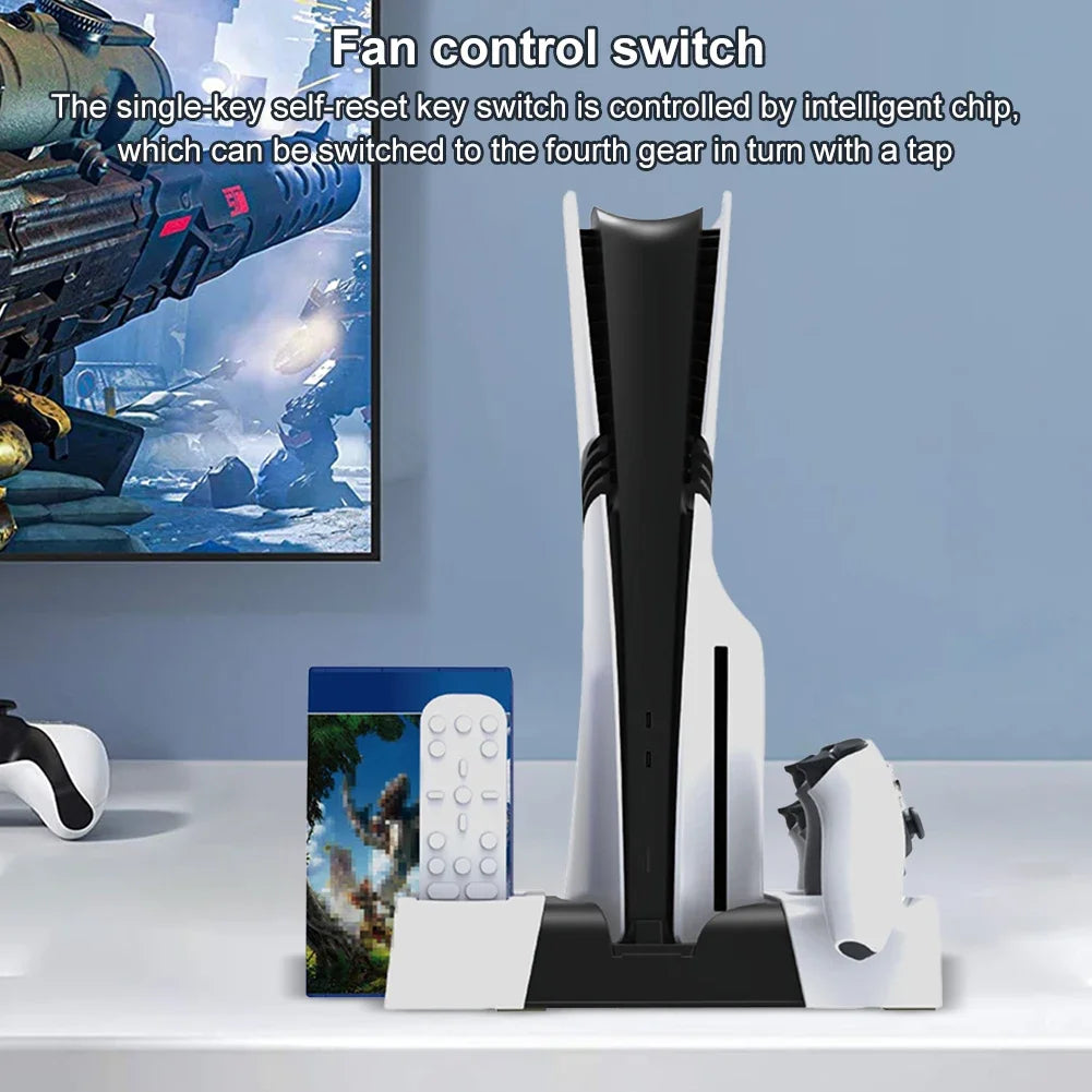 Vertical Cooling Station Stand for PS5/PS5 Slim/PS5 Pro Dual Controller Charging Station Vertical Cooler System with 3-Level Fan