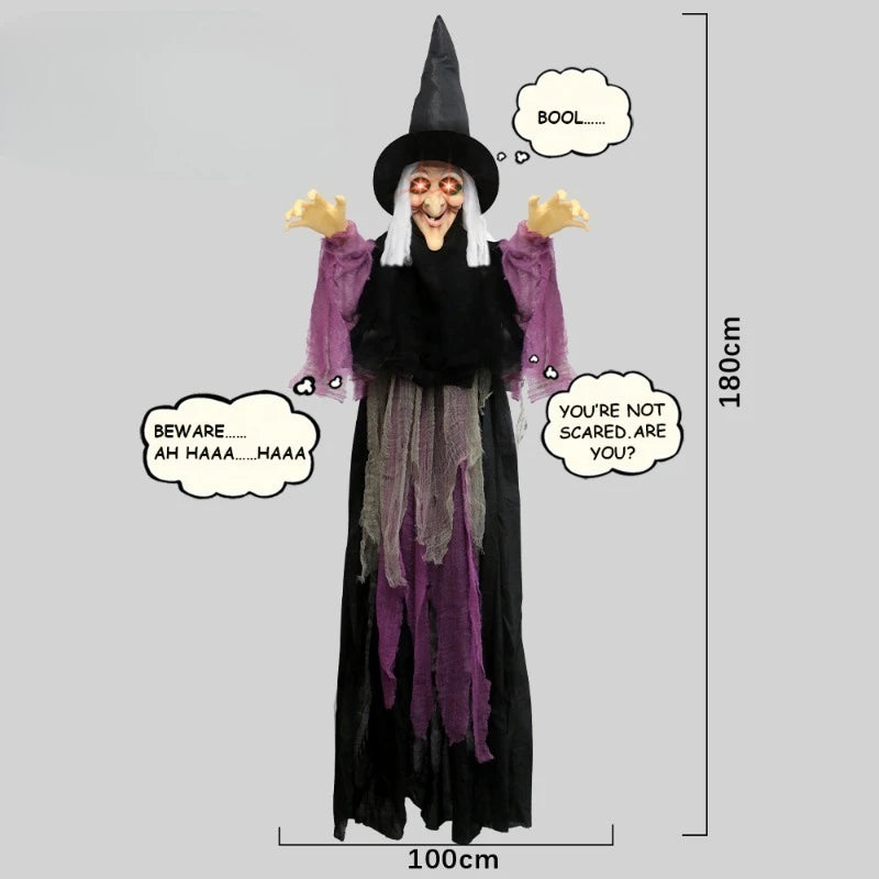 Halloween Life Size Talking Witch Outdoor Purple Spooky Animatronic Witch Decor Prop Halloween Decoration Red Eye Animated Witch