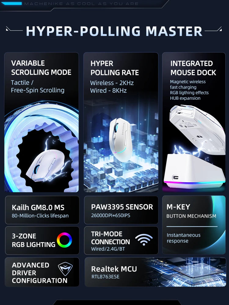 MACHENIKE L8Pro Wireless Gaming Mouse With Charging Dock PAW3395 Optical Sensor Adjustable Scroll 8K+2K Polling RGB For Gamer