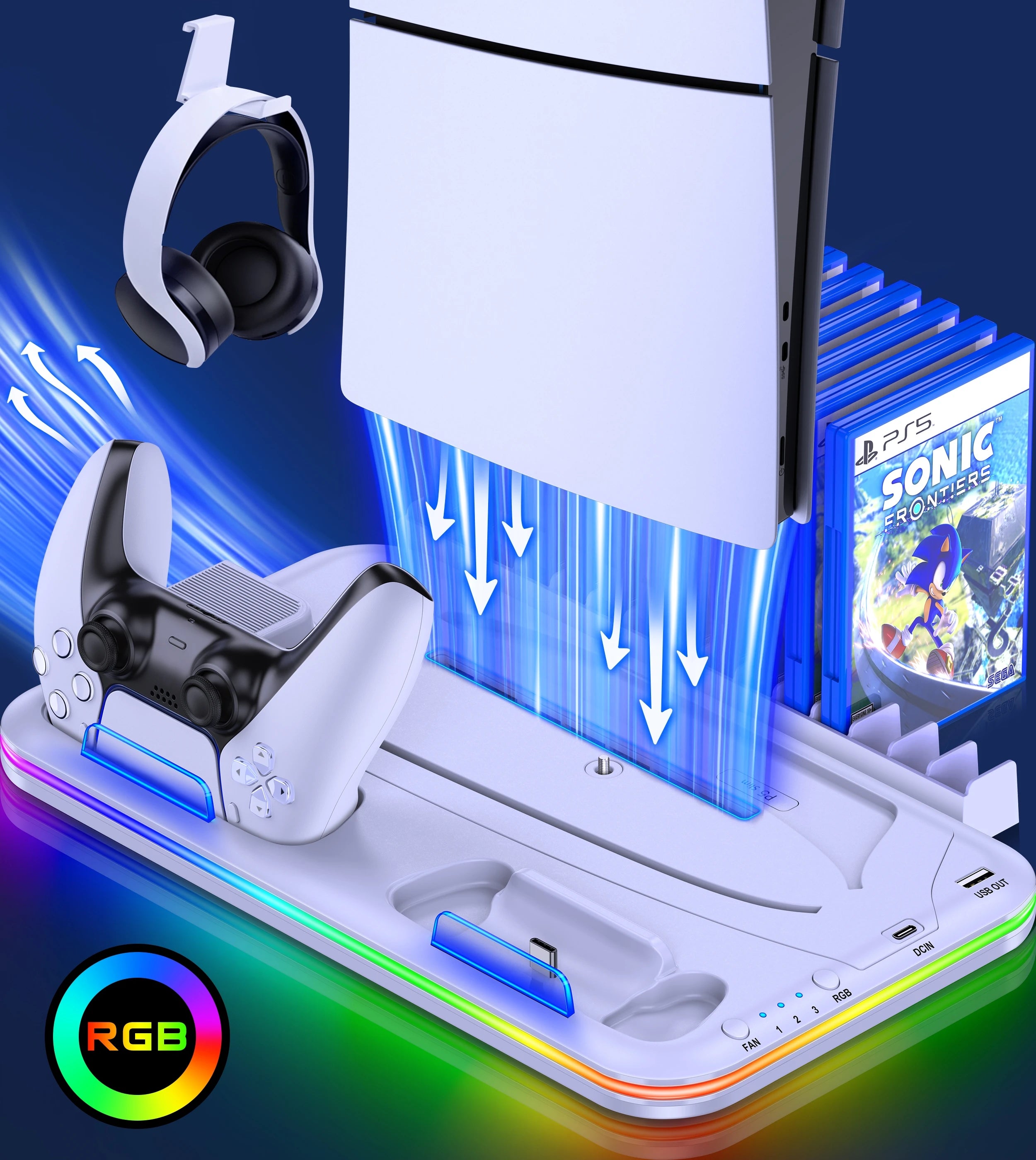 BEBONCOOL Vertical Cooling Stand for PS5 Slim Controller Charger For Sony Playstation 5  PS5 Console Headset Holder RGB Light