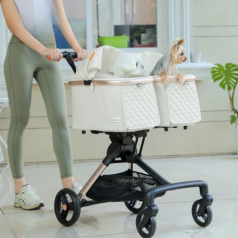 Doppelsitz-Kinderwagen, faltbar, für zwei kleine Hunde, abnehmbarer Katzenkinderwagen, unabhängiges Fahrzeug mit Doppelkorb, wiegt 16 kg