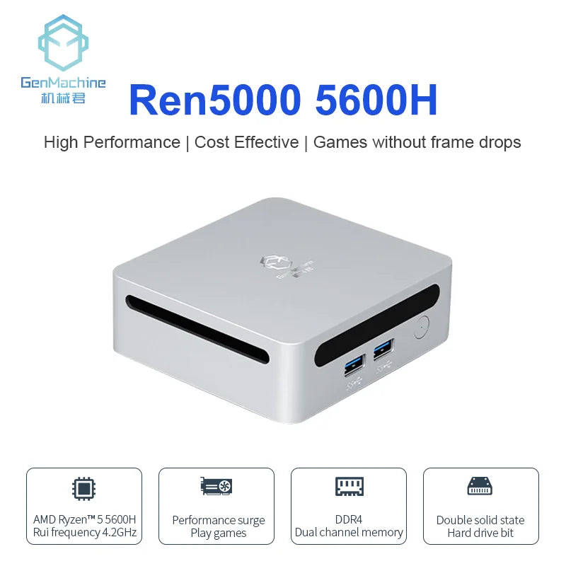 GenMachine AMD 5600H Mini PC Windows 11 3.3GHz Up to 4.2GHz 2*DDR4 Max Support 64GB RAM Gaming Pc WIFI6 Diy Gaming Computer