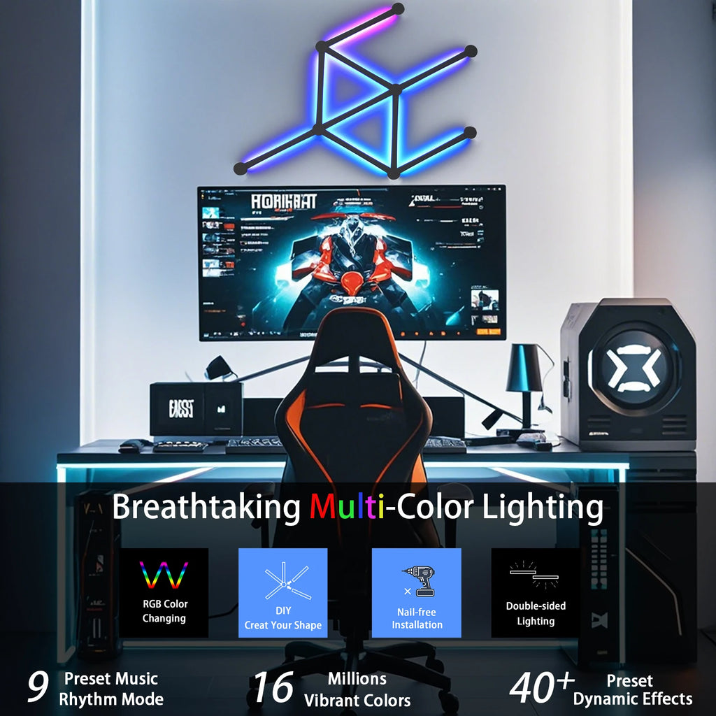 Smart RGB LED Wall Light Lines, Dimmable DIY Wall Gaming Light Music Sync for Gaming Room, Living Room (9 Pcs Black or White)
