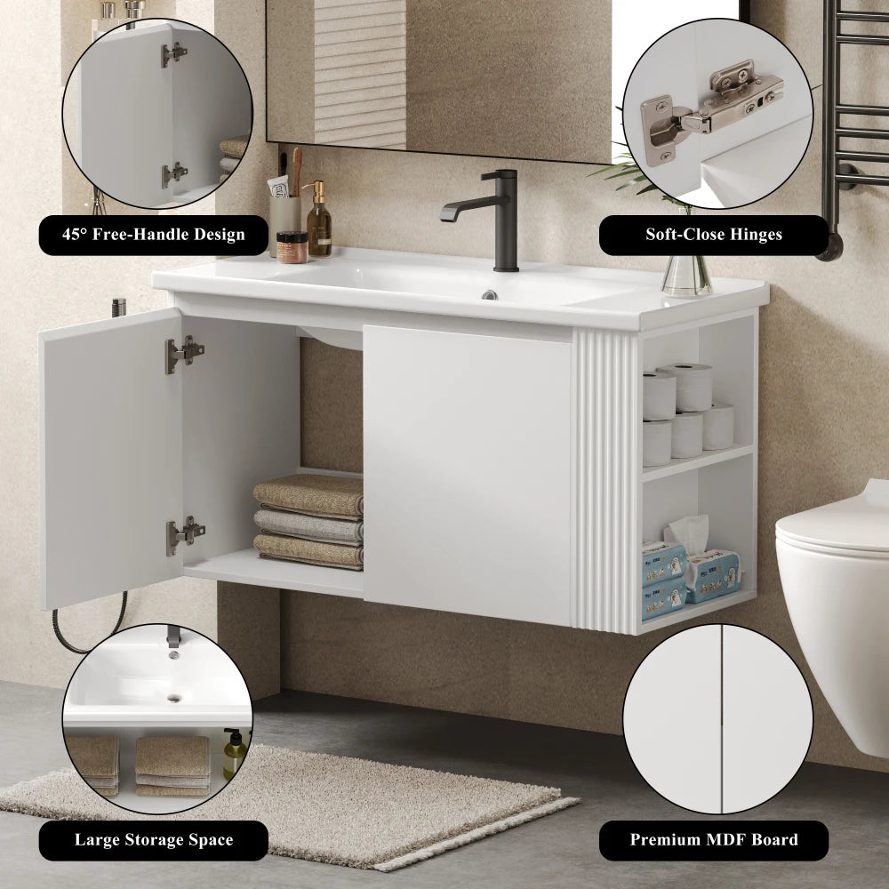 36" Modern Versatile Wall-Mounted Bathroom Vanity with Ceramic Sink, Floating Bathroom Vanity with 45 Degrees Free-Handle
